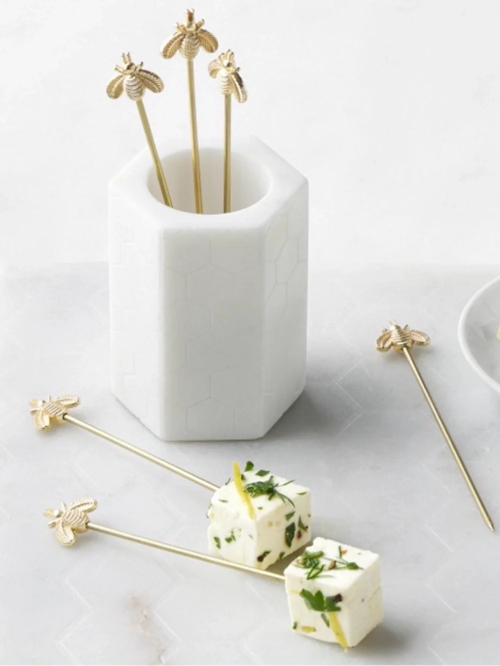 Williams Sonoma Marble & Brass Bee Cocktail Picks with White Holder